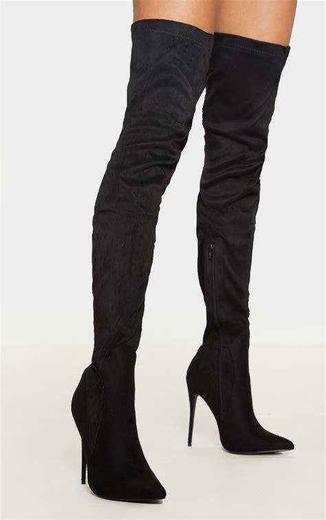 emmi black thigh high heeled boots prettylittlething usa