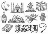 Quran Simboli Muslim Religione Icone Culturali Isolati Mosque Musulmana Praying Icona Kaaba sketch template