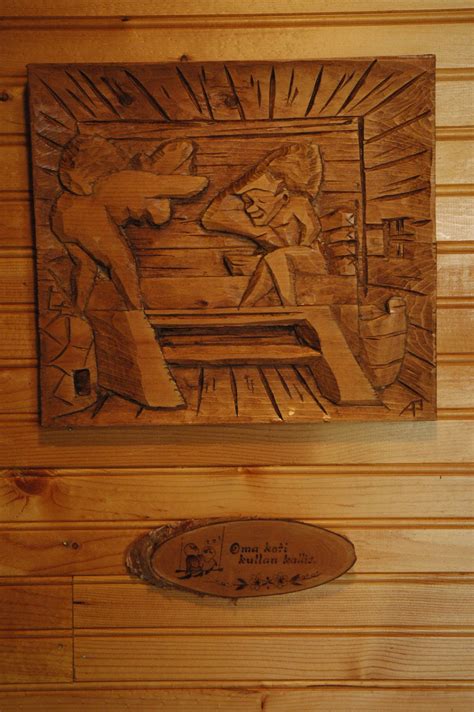 folk art sauna scene carved   plank  wood quality garden