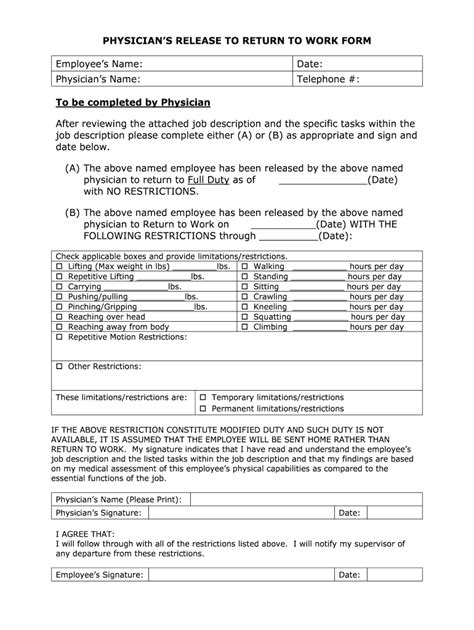 physicians release  return  work form fill  printable
