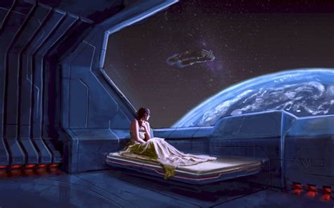 Women Blue Outer Space Futuristic Planets Beds Artwork