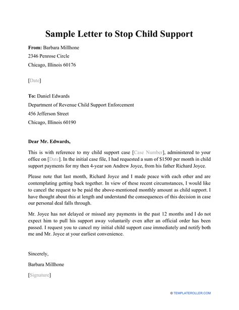 sample letter  stop child support  printable  templateroller