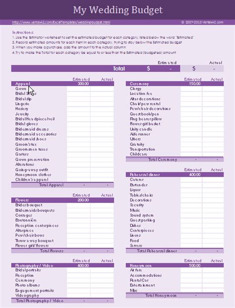 wedding budget sheet  shown  purple