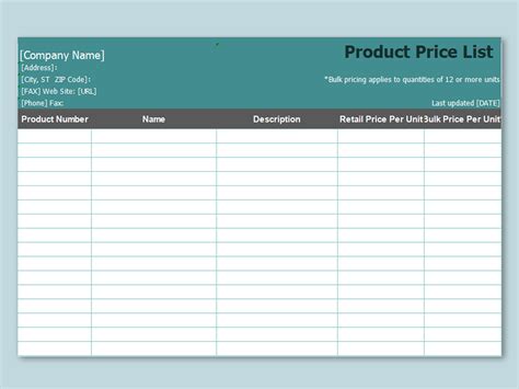 excel  product price listxlsx wps  templates