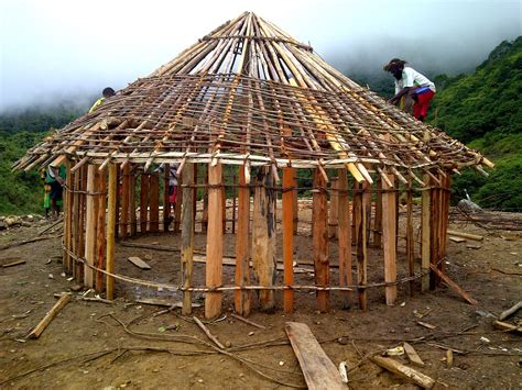 proses pembangunan rumah honai dilakukan oleh pria suku dani