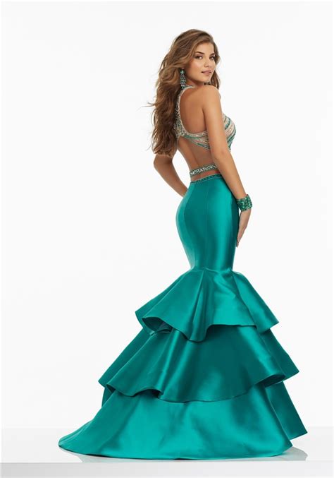 mermaid open back two piece jade satin ruffle tiered prom dress with