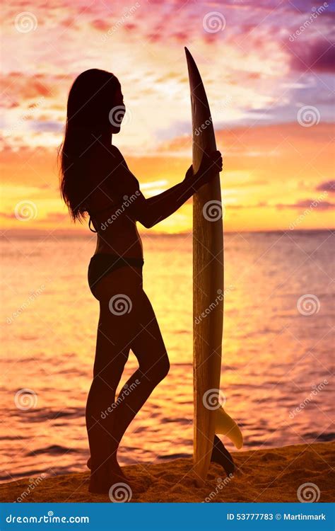 Surfer Girl Surfing Looking At Ocean Beach Sunset Stock Image Image