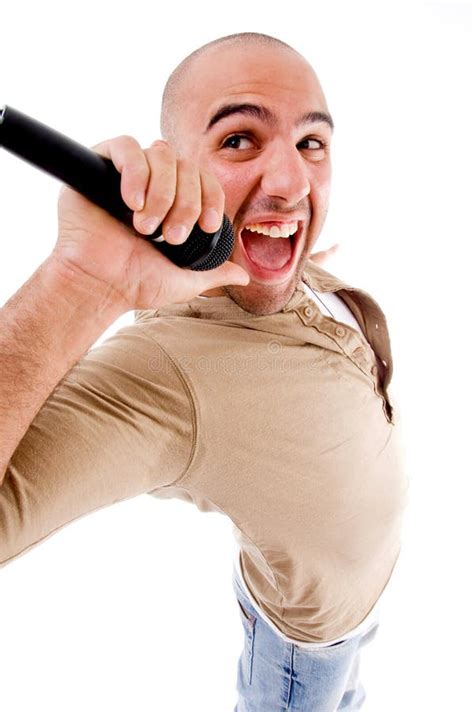 happy singer singing  microphone stock photo image  concept