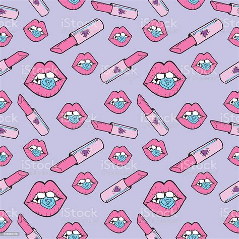 Hand Drawn Cartoon Pink Seamless Background With Lips And Lipstick