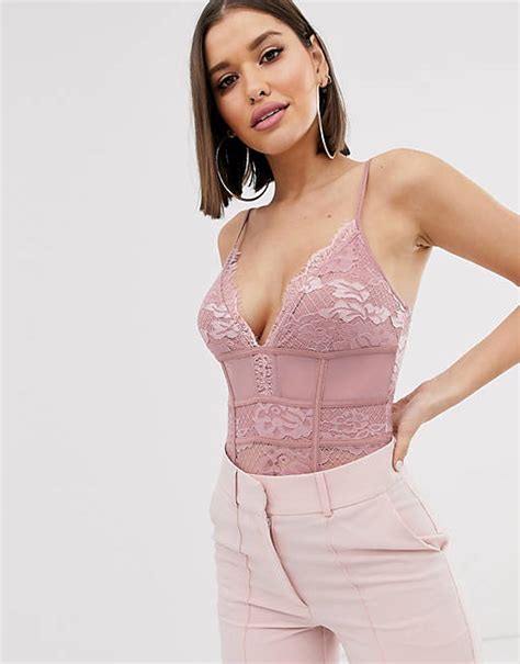 missguided lace mesh bodysuit in dusty pink asos