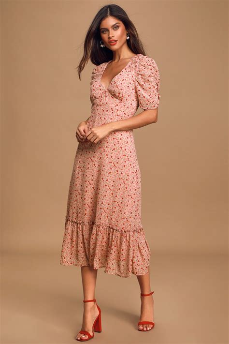 cute pink dress floral print midi dress ruffled midi dress lulus