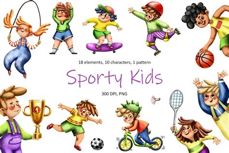 sporty kids clip art set object illustrations creative market