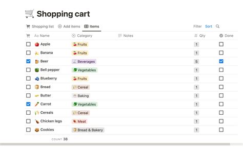 simple shopping list notion template