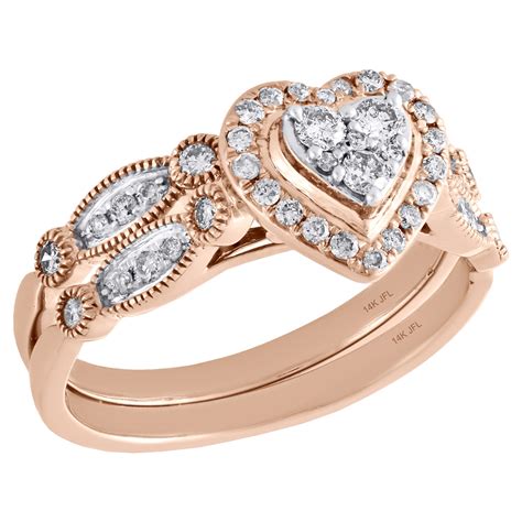 rose gold diamond bridal set heart engagement ring wedding band