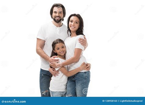 portrait  happy family  white shirts  jeans stock image image  casual bearded