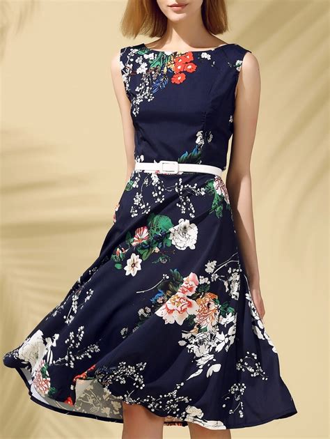 fashion summer dressea vintage  neck sleeveless floral print slimming womens dress