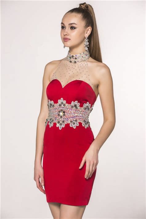 Red High Neck Open Back Prom Dress
