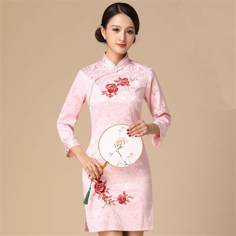 sexy pink embroidery flower chinese women wedding dress vintage mini