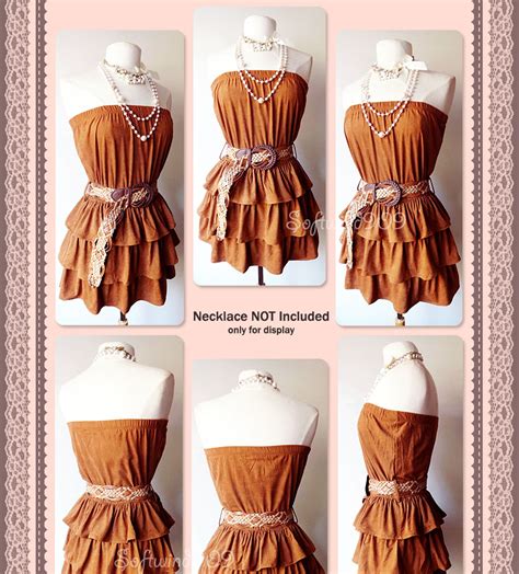 New Camel Brown Fuax Suede Tiered Ruffle Strapless Cowgirl Dress
