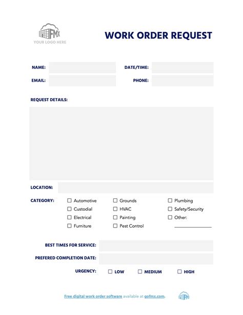 maintenance work order form  downloadable template fmx