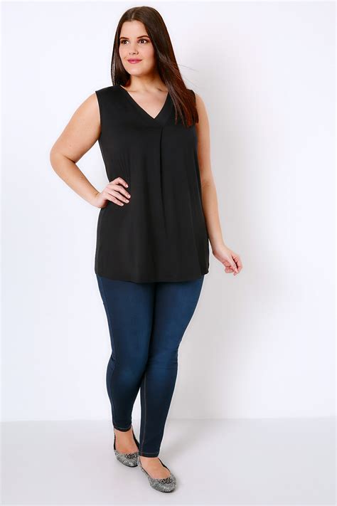 black sleeveless v neck jersey top plus size 16 to 36