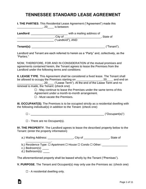 printable lease agreement template  tenn printable form templates