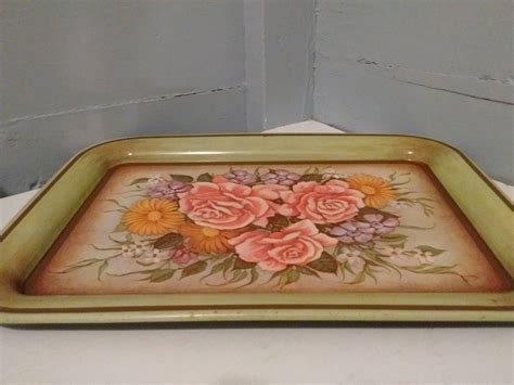 vintage metal serving tray floral green decorative tray shabby chic country farmhouse rustic