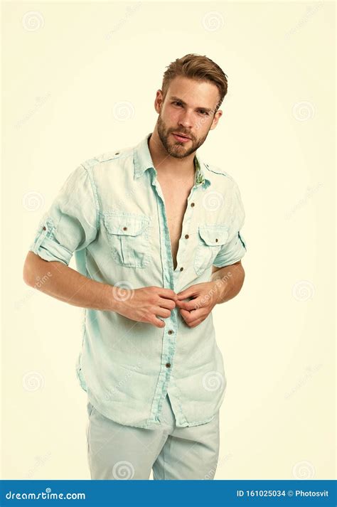 It Is Hot Here Man Handsome Bearded Guy Undressing White Background