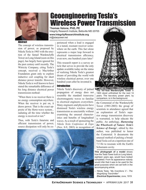 Pdf Geoengineering Tesla S Wireless Power Transmission