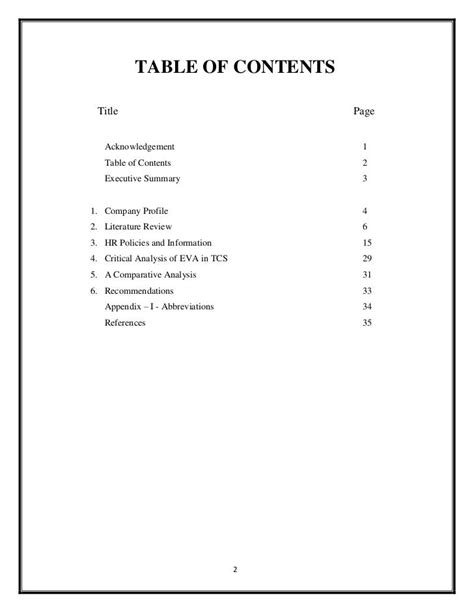 table contents literature review