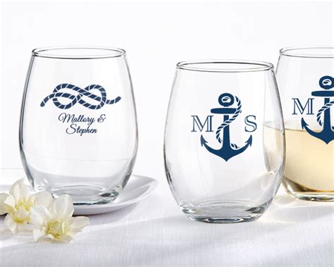 Personalized Nautical Wedding Stemless Wine Glasses