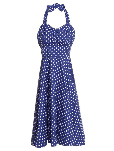 vintage polka dot print halter sleeveless dress for women light blue