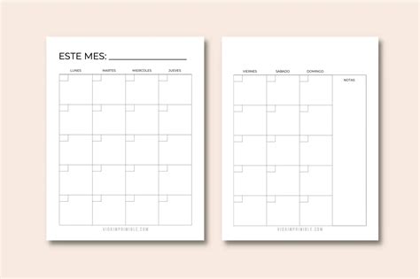 calendario mensual en dos hojas  sin fecha vida imprimible