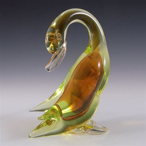 Murano Amber And Uranium Yellow Sommerso Glass Swan Figurine