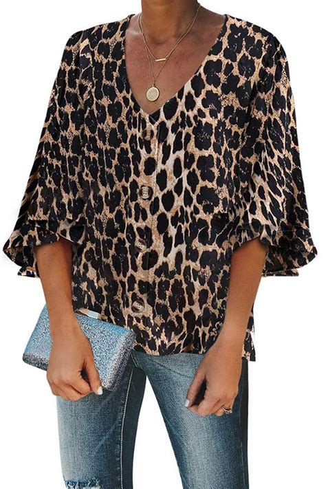 Leopard Button Down Blouse With Short Sleeve Design