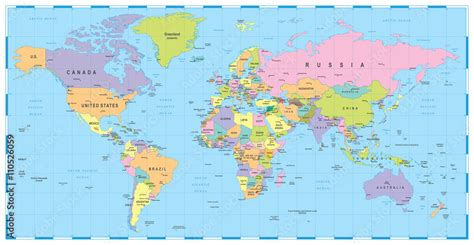 colored world map borders countries  cities illustration highly