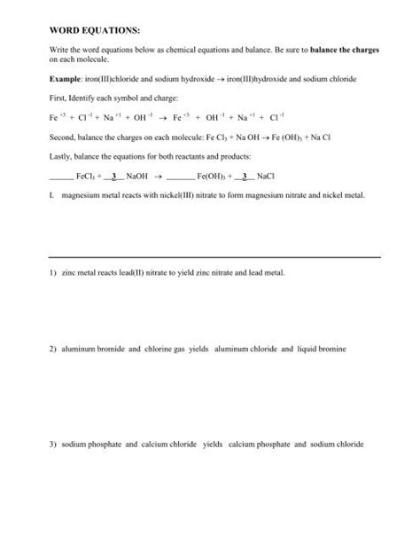 word equations balancing worksheet avon chemistry