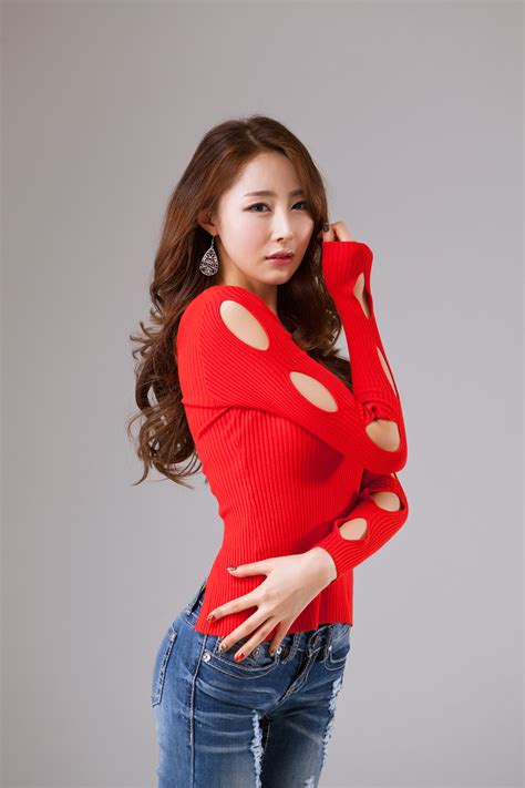 eun bin in hot red top and denim jeans korean models photos gallery