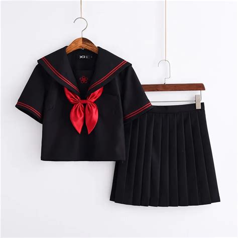 red sakura embroidery japanese uniforms black cute sailor tops pleated