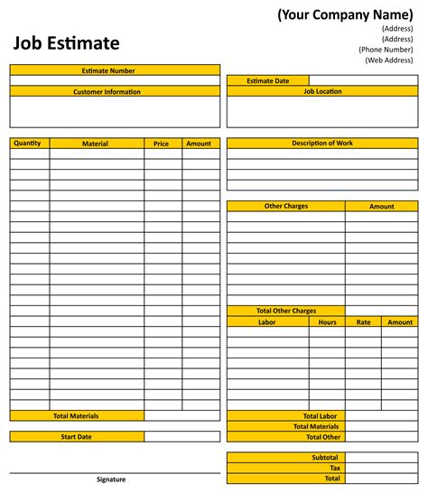 printable estimate forms printable templates