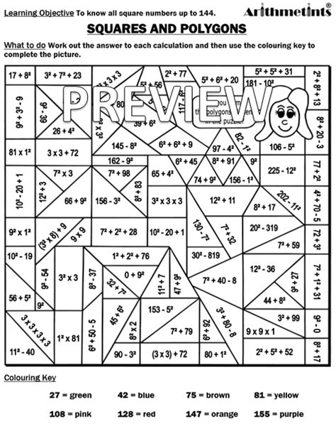 square numbers colouring puzzle  arithmetints teaching resources