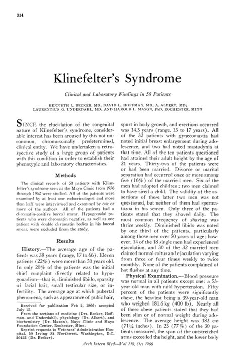 Klinefelters Syndrome Clinical And Laboratory Findings In 50 Patients