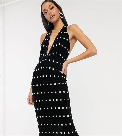 asos design tall midi jurk met halternek en versieringen van fluweel zwart tall fashion