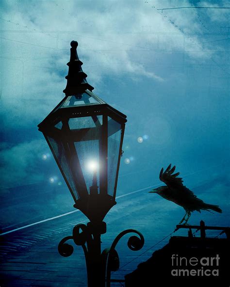 surreal gothic fantasy dark night street lantern with flying raven