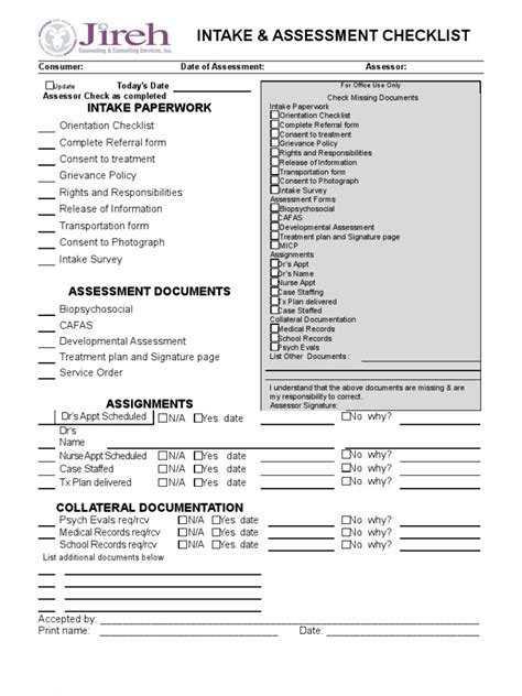 assessment document checklist health care public health