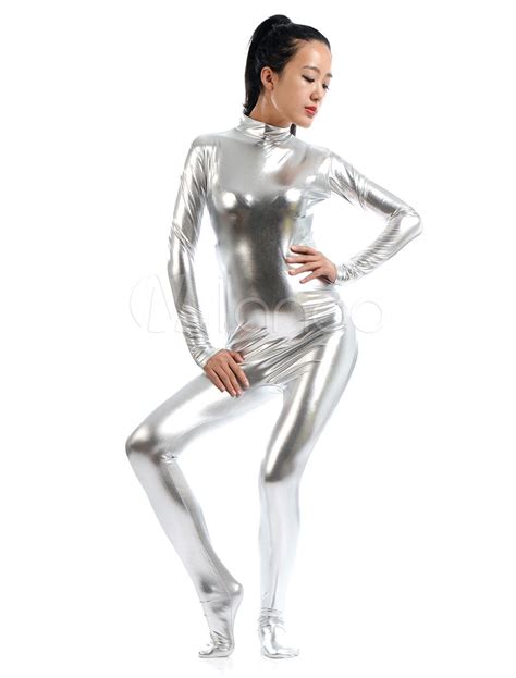 silver shiny metallic zentai suit  women halloween metallic catsuit catsuit body suit outfits