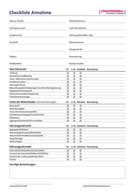 checkliste fahrzeugannahme checklisten werkstattwissen trainmobil