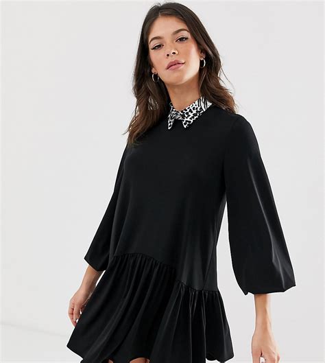 asos design tall gesmokte mini jurk met mono luipaardkraag zwart tall fashion