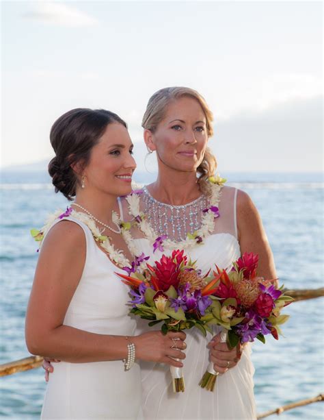 Outside Lesbian Beach Wedding Flowers Tropical Ocean Hawaii