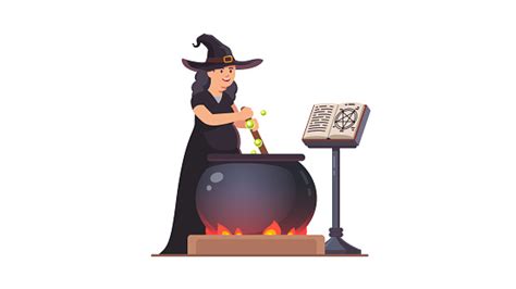 witch stirring poison brew potion in boiling cauldron on fire next to